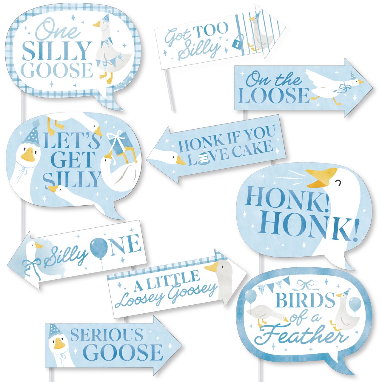 Big Dot of Happiness Funny One Silly Goose Blue Photo Booth Props Kit, Goose-Themed Puns for Boy 1st Birthday Supplies - 10 Count Selfie Prop Sticks